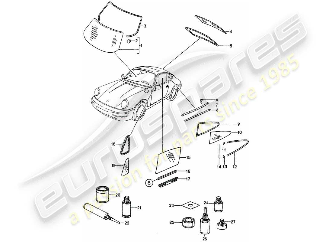 porsche 1990 (964) window glazing part diagram
