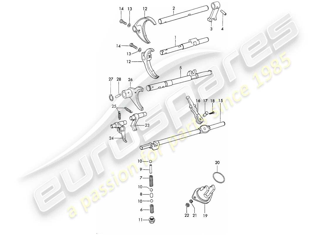 porsche 1965 (911/912) shift rods - shift forks - sportomatic part diagram
