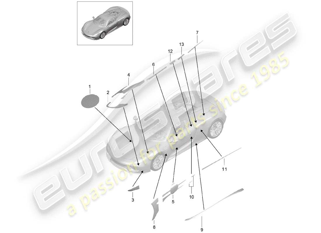 porsche 918 spyder (2015) trim foil part diagram