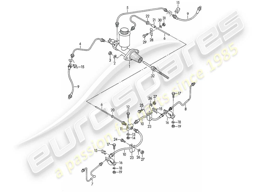porsche 1955 (356/356a) brake master cylinder - and - brake lines part diagram