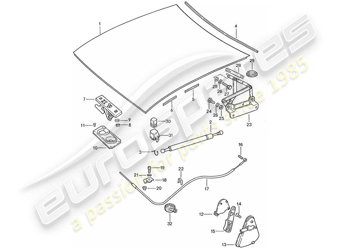 porsche 1989 (928) bonnet - installation parts part diagram