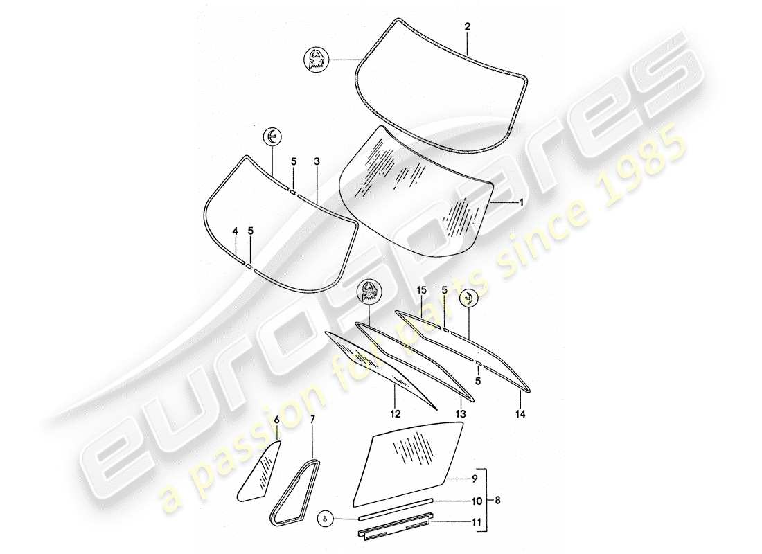 porsche 1976 (911 turbo) window glazing part diagram