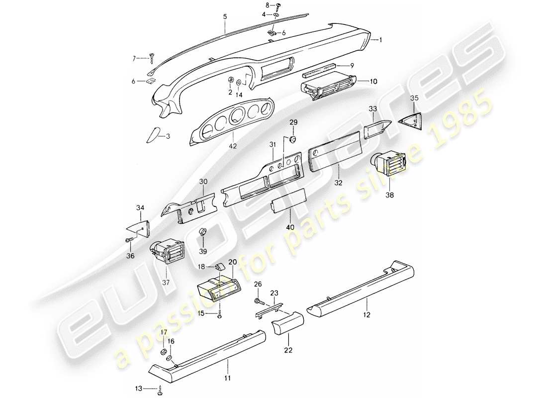 porsche 1990 (964) dashboard - knee pad trim - for cars without - airbag part diagram