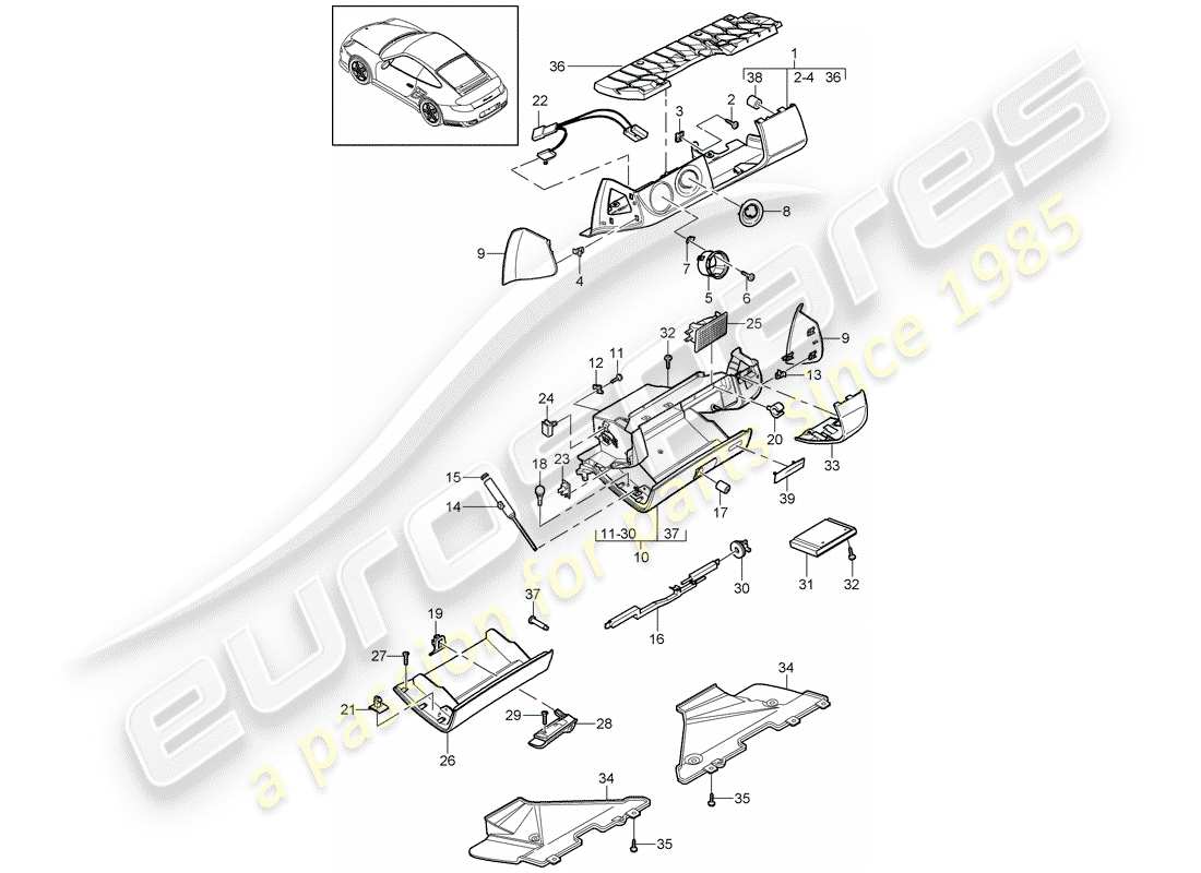 porsche 2011 (997-2 turbo / gt2 rs) glove box part diagram