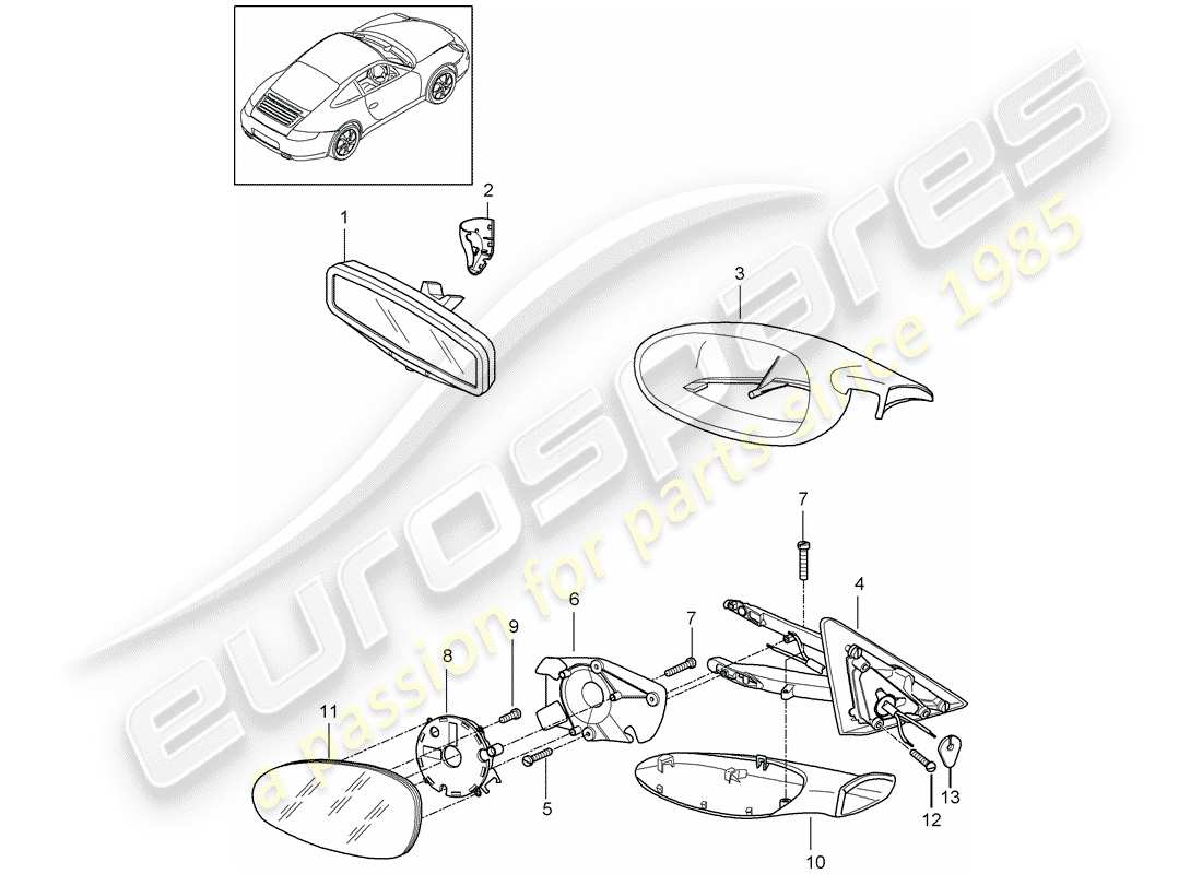 porsche 2005 (997-1) rear view mirror inner part diagram