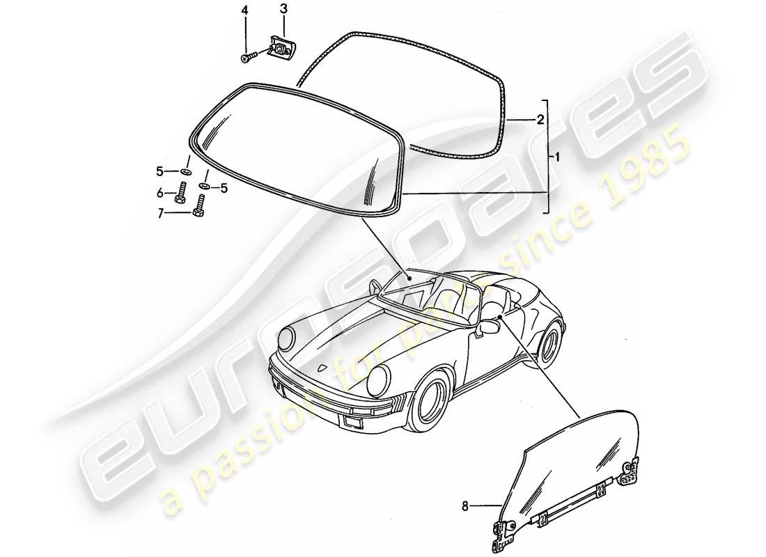 porsche 1987 (911) window glazing part diagram