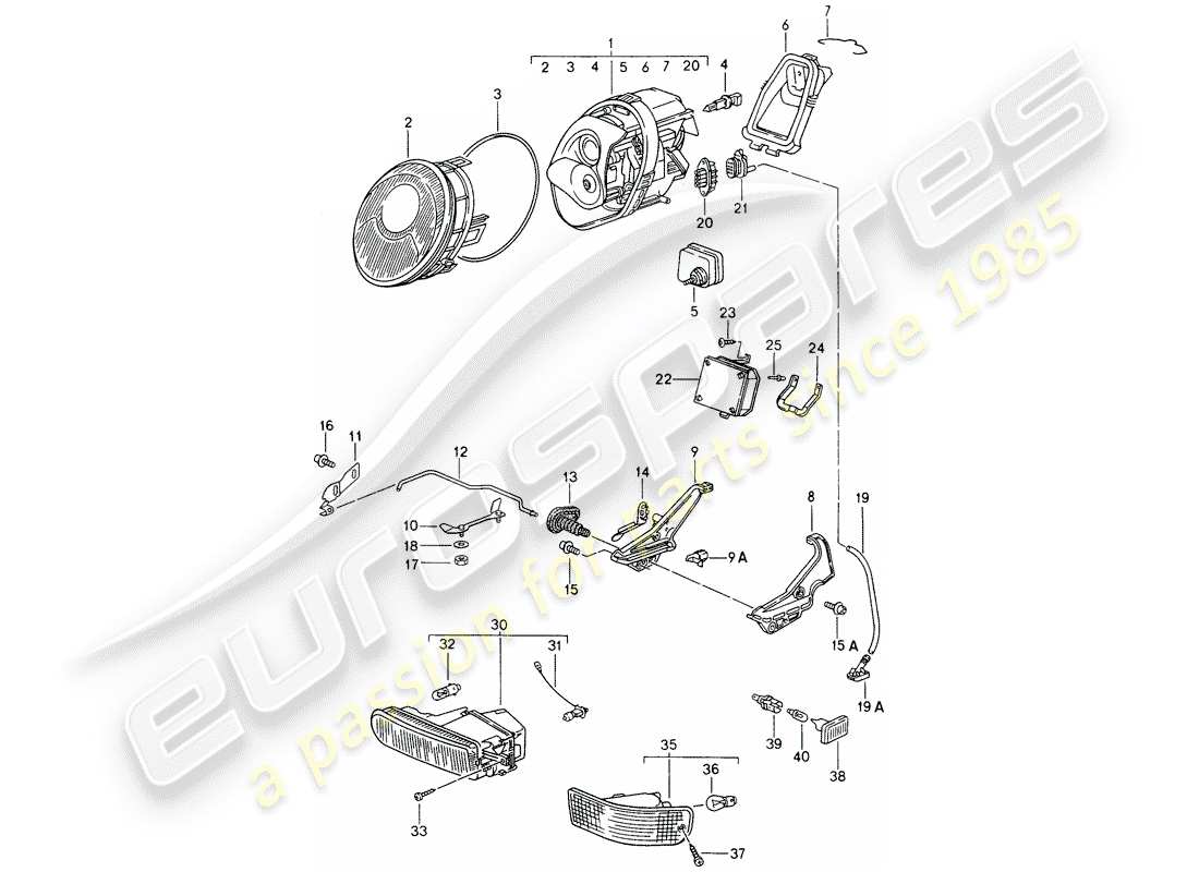 porsche 1995 (993) headlamp - fog lights - turn signal - turn signal repeater part diagram