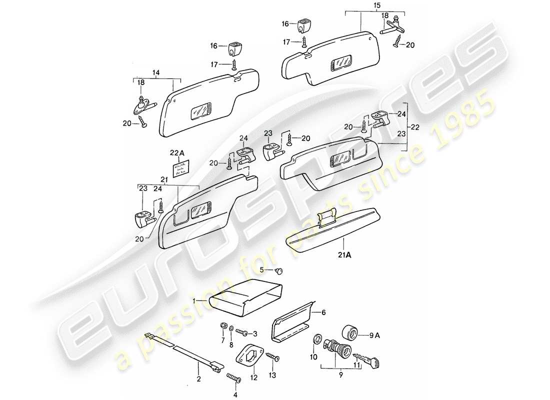 porsche 1988 (911) glove box - sun vizors part diagram