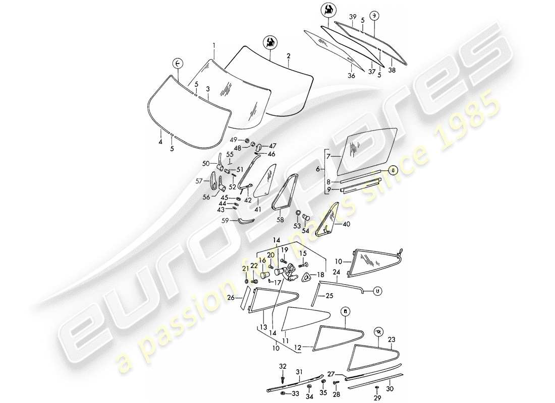 porsche 1969 (911/912) window glazing - d >> - mj 1968 part diagram