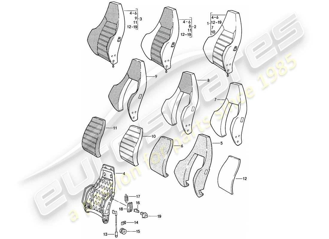 porsche 1986 (911) sports seat - backrest - single parts - d >> - mj 1984 part diagram