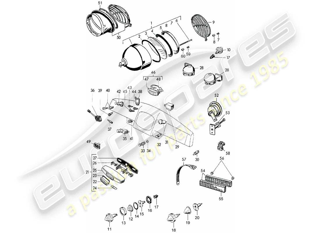 porsche 1955 (356/356a) headlamp - and - switch part diagram