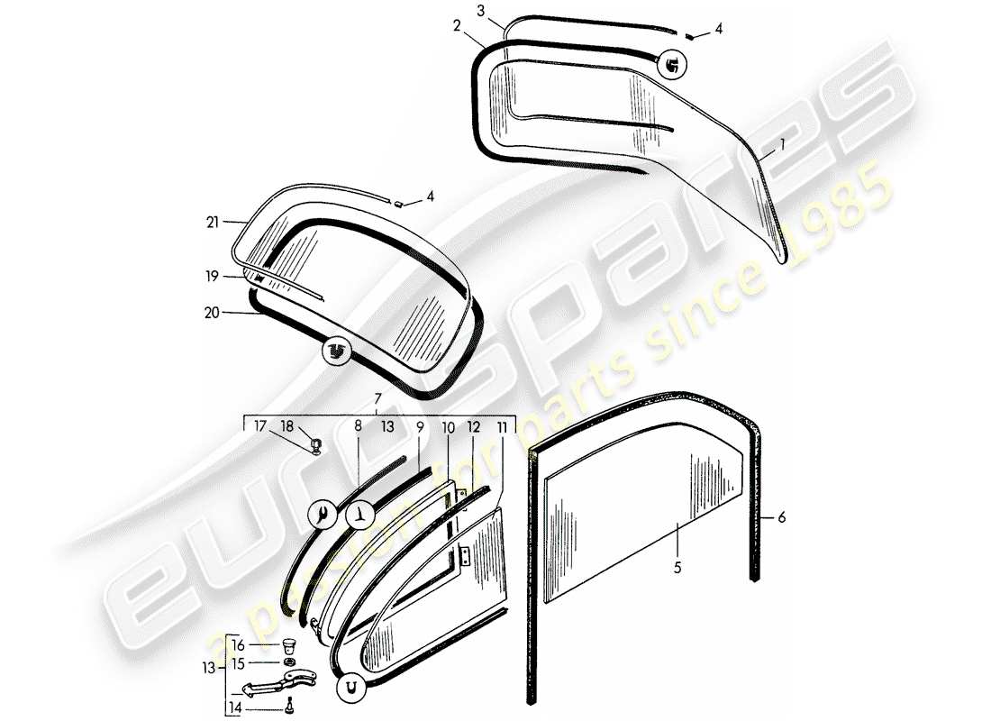 porsche 1955 (356/356a) window glazing part diagram