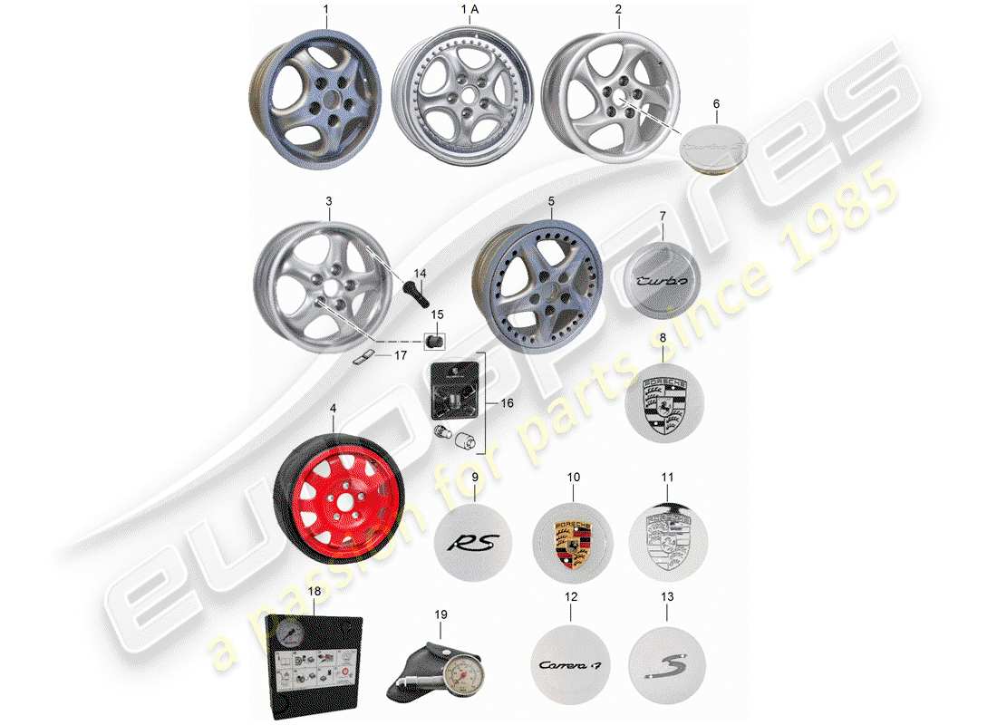 porsche 1998 (993) alloy wheel parts diagram