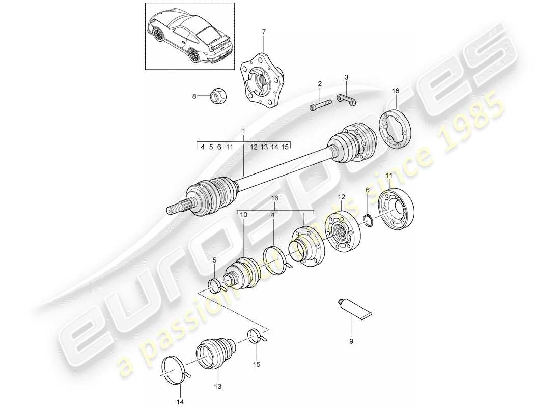 porsche 2009 (997-2 gt3) drive shaft parts diagram