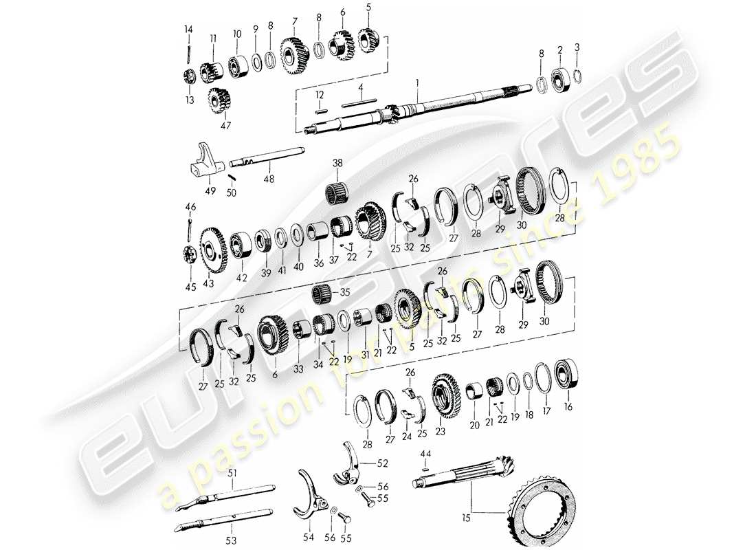 porsche 1955 (356/356a) gears and shafts - for - transmission part diagram