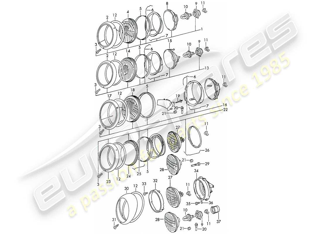 porsche 1966 (911/912) headlamp - d >> - mj 1968 part diagram