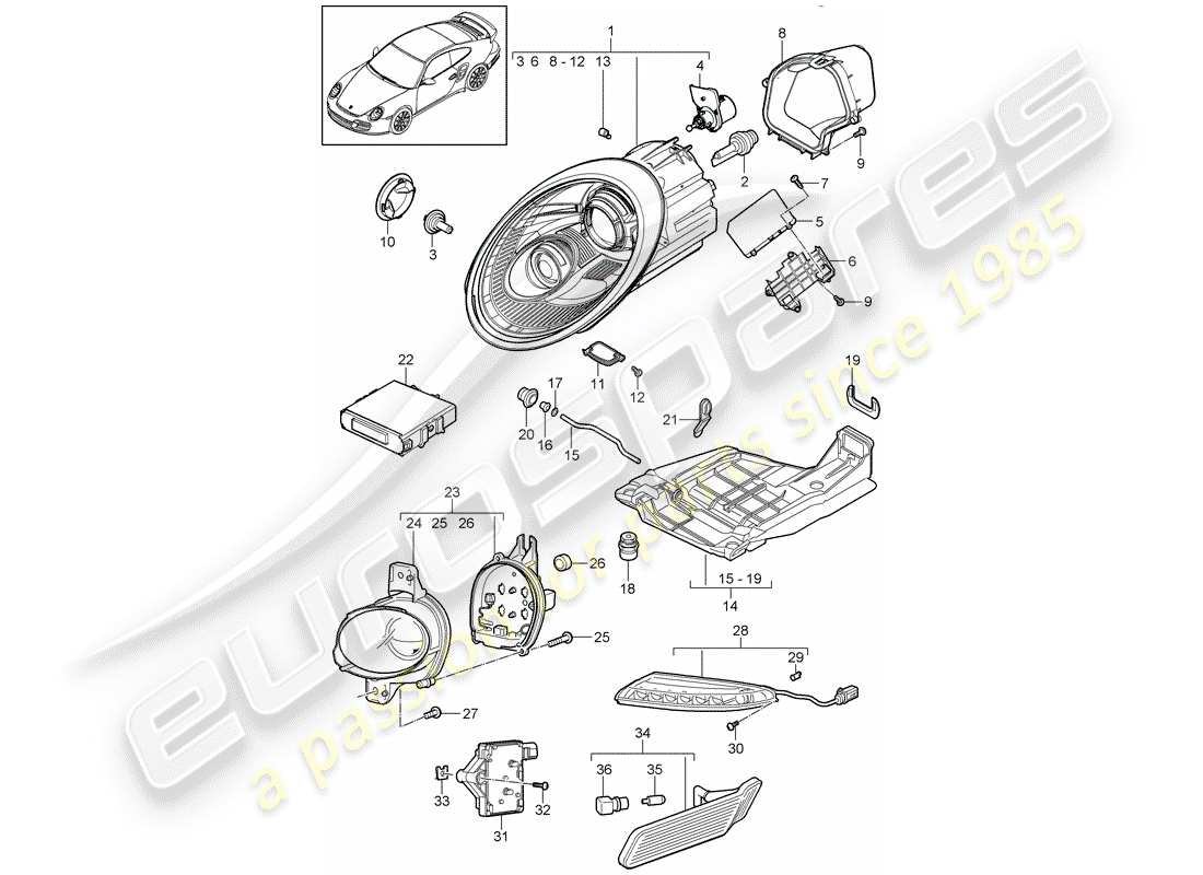 porsche 2013 (997-2 turbo / gt2 rs) headlamp part diagram
