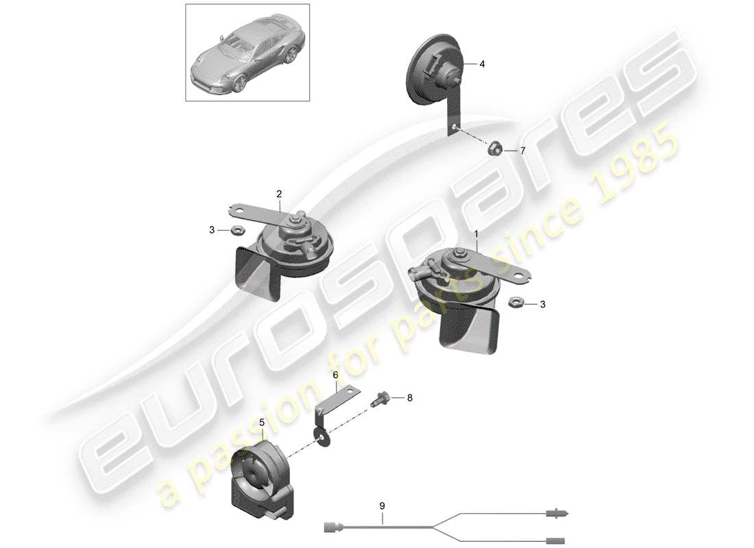 porsche 991 turbo (2015) fanfare horn part diagram