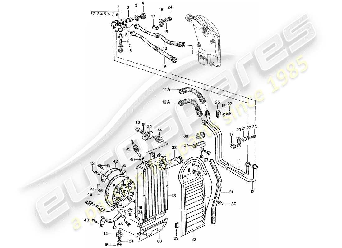porsche 911 (1986) engine lubrication - oil cooler parts diagram
