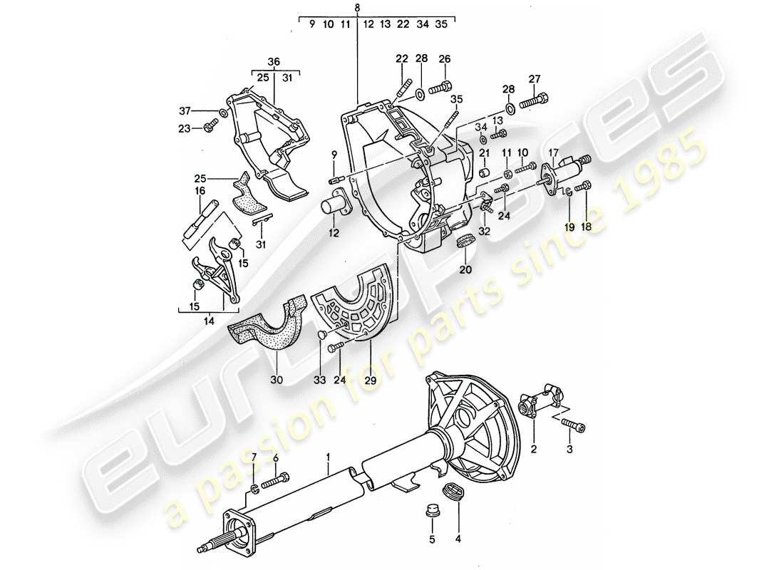porsche 1992 (968) manual gearbox - central tube parts diagram