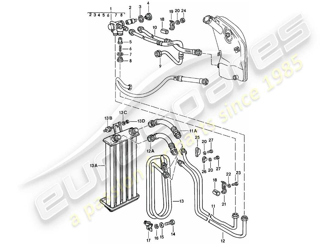 porsche 911 (1981) engine lubrication - radiator coil parts diagram
