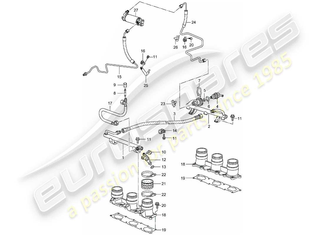 porsche 2005 (996 turbo / gt2) fuel collection pipe part diagram