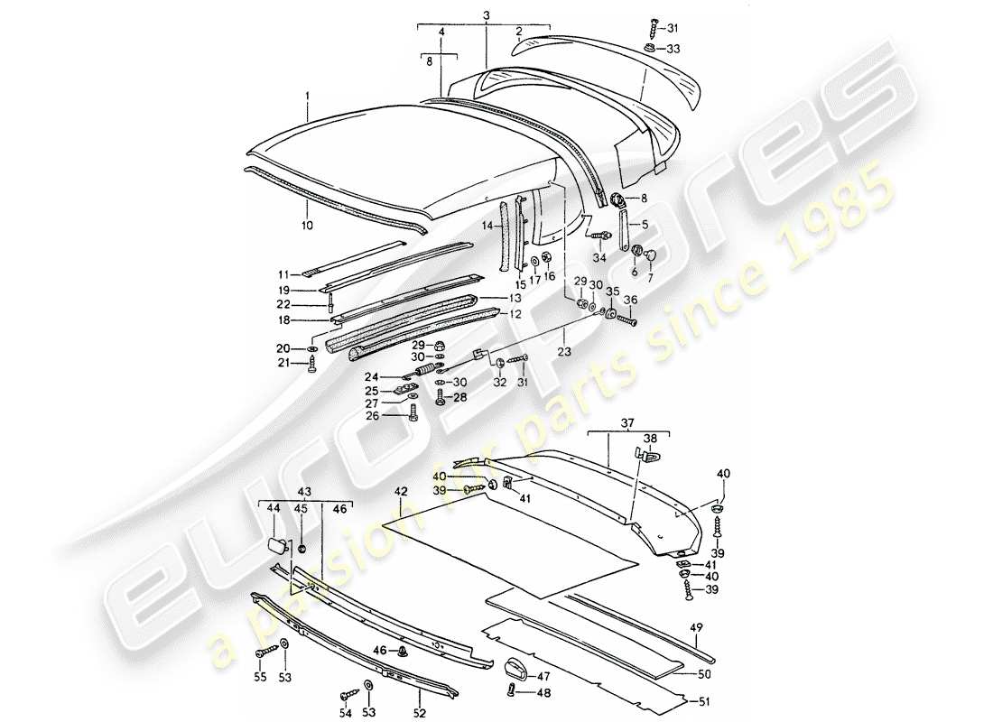 porsche 1990 (964) convertible top covering - seal strip - single parts part diagram