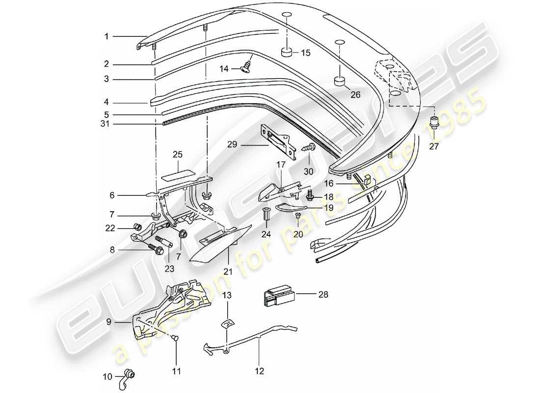 porsche 2002 (996 turbo / gt2) top stowage box - cover - gaskets part diagram