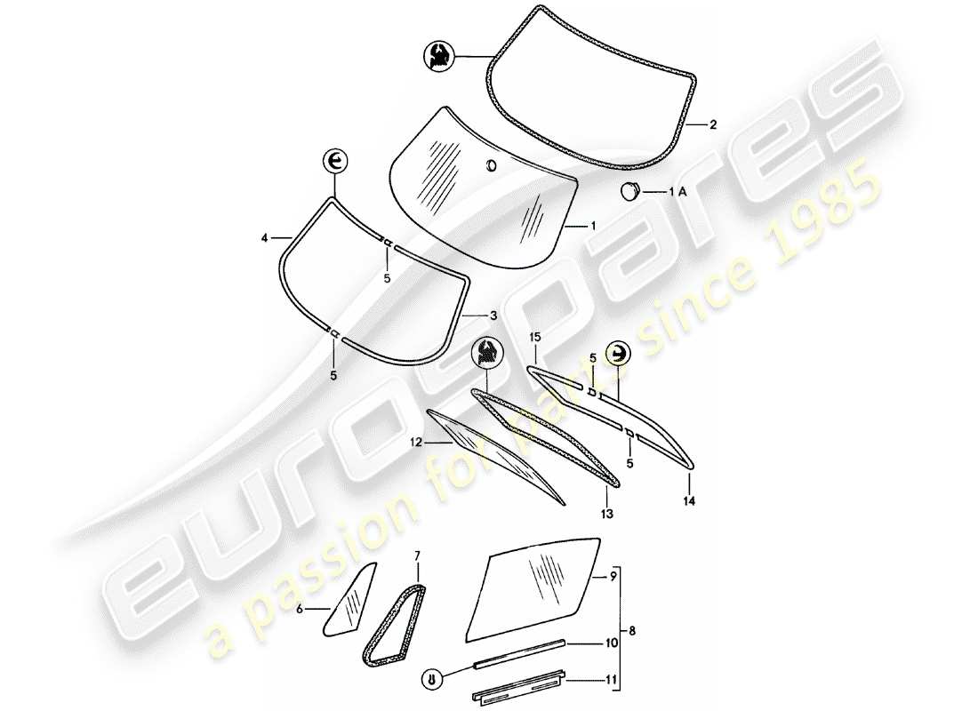 porsche 1978 (911) window glazing part diagram