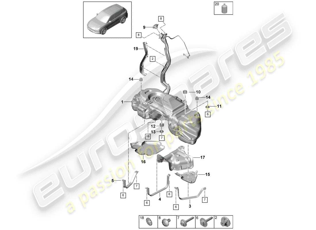 porsche 2018 (cayenne e3 9ya/9yb) fuel tank with part diagram