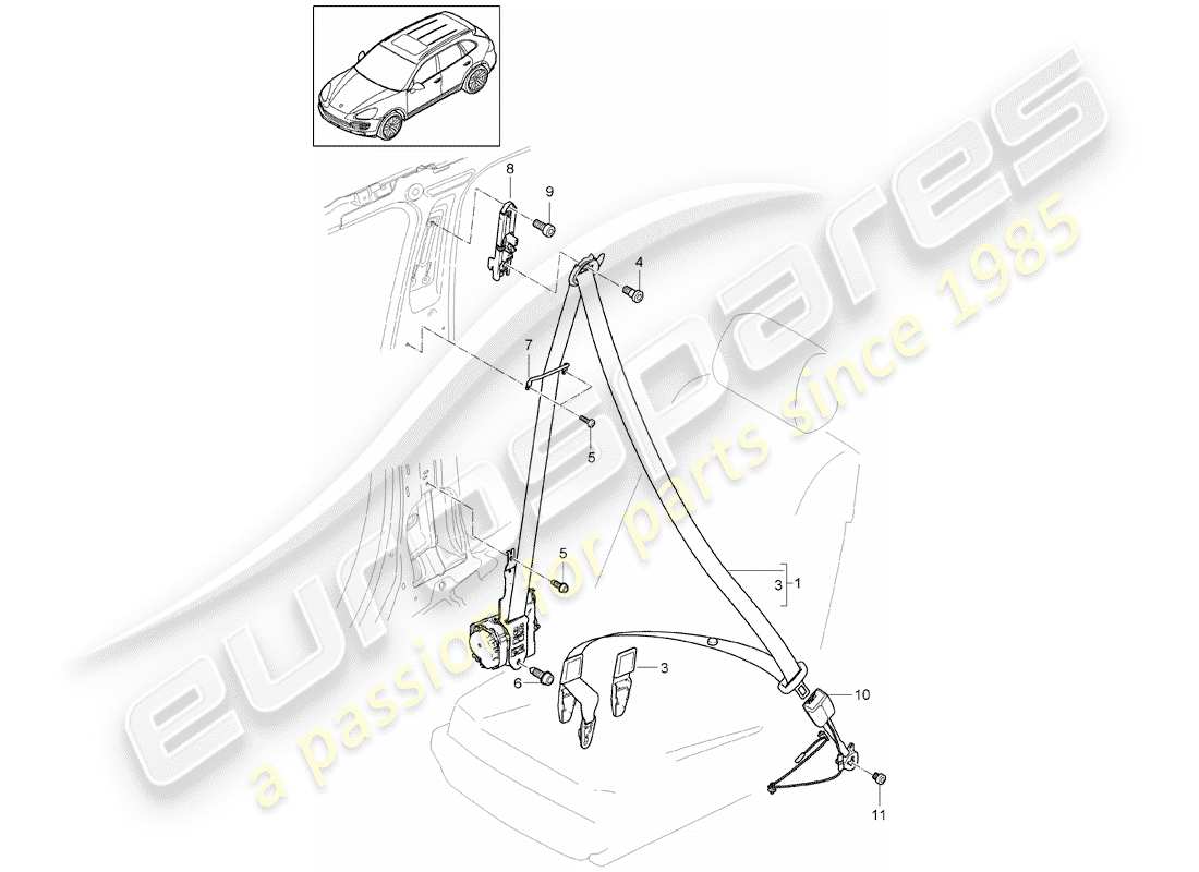 porsche 2011 (cayenne e2 92a) three-point seat belt part diagram