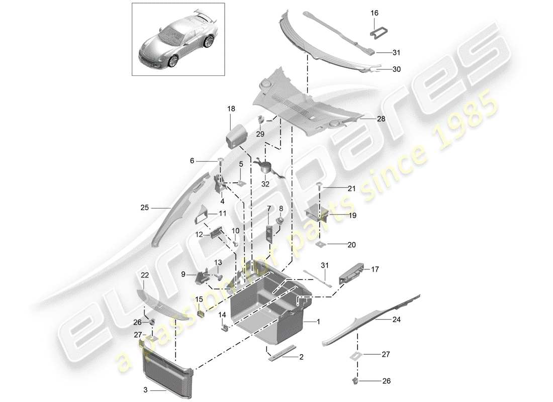 porsche 2014 (991-1 r/gt3/rs) boot lining part diagram