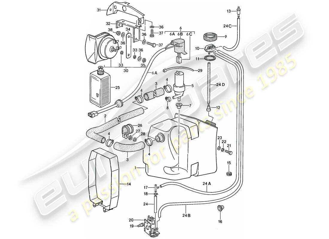 porsche 1988 (911) special model - flatnose design - windshield washer unit - horn part diagram