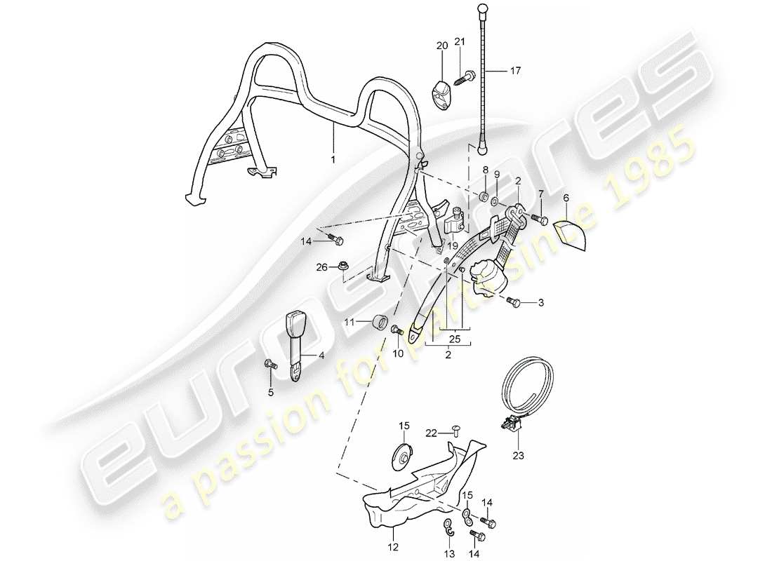 porsche boxster 986 (1999) roll bar part diagram