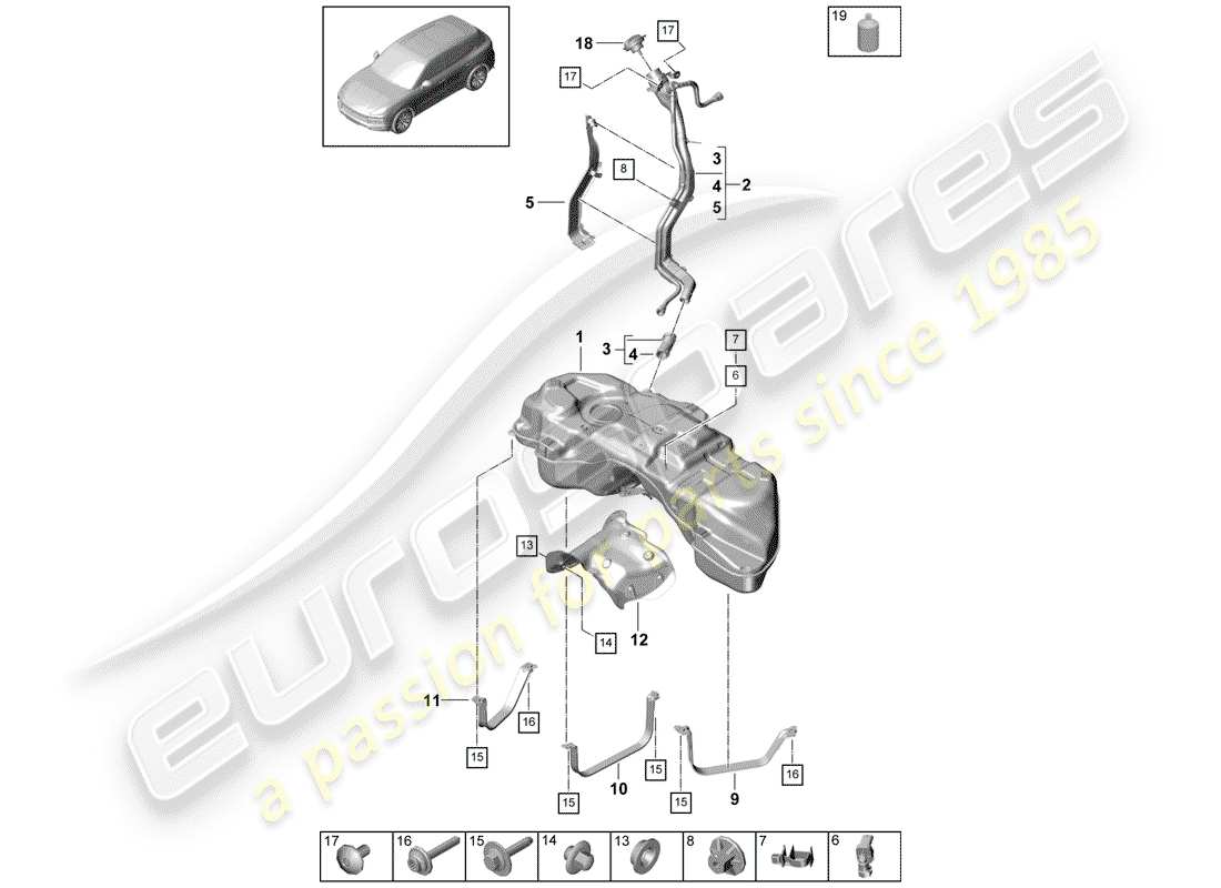 porsche 2020 (cayenne e3 9ya/9yb) fuel tank with part diagram