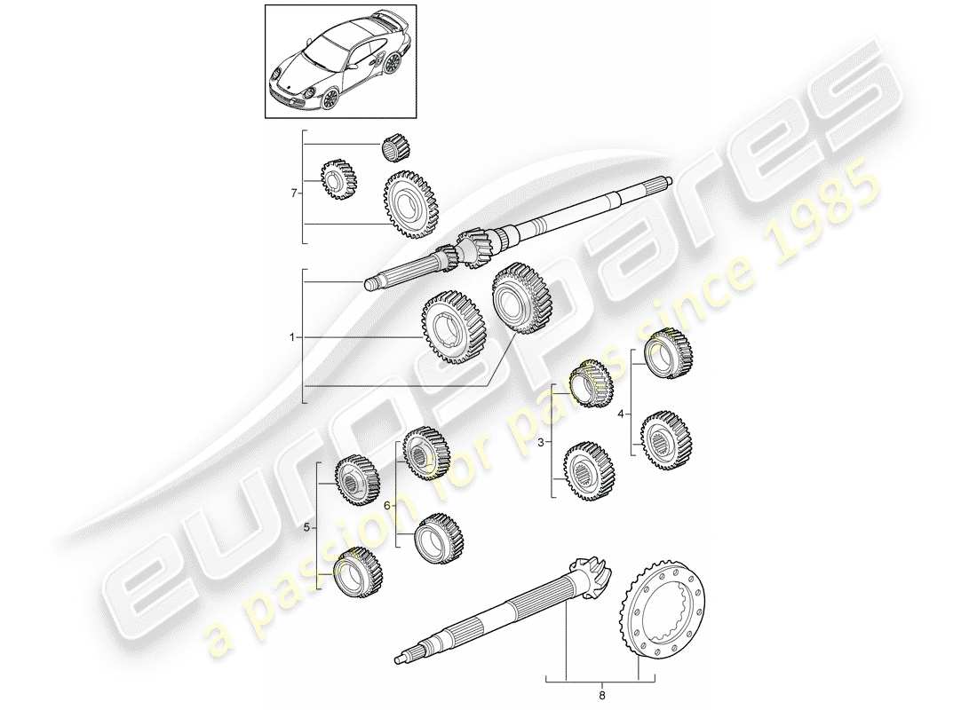 porsche 911 t/gt2rs (2012) gear wheel sets parts diagram