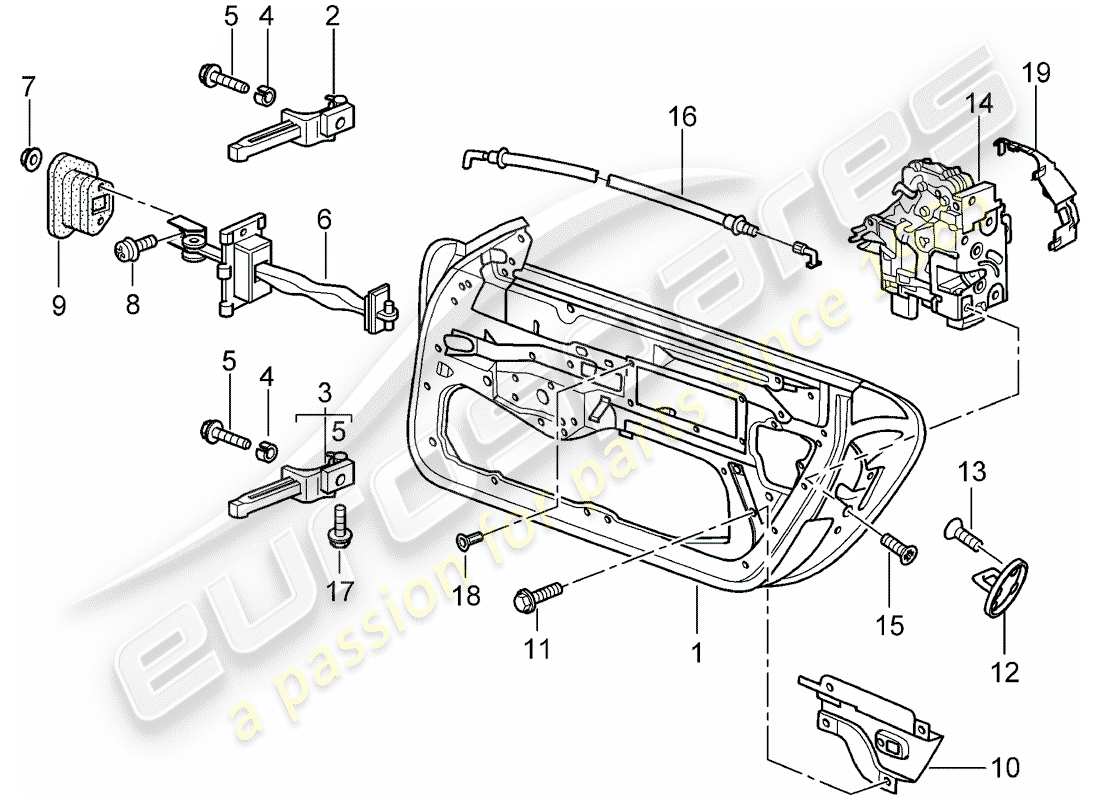 porsche 2004 (986 boxster) door shell - door latch part diagram