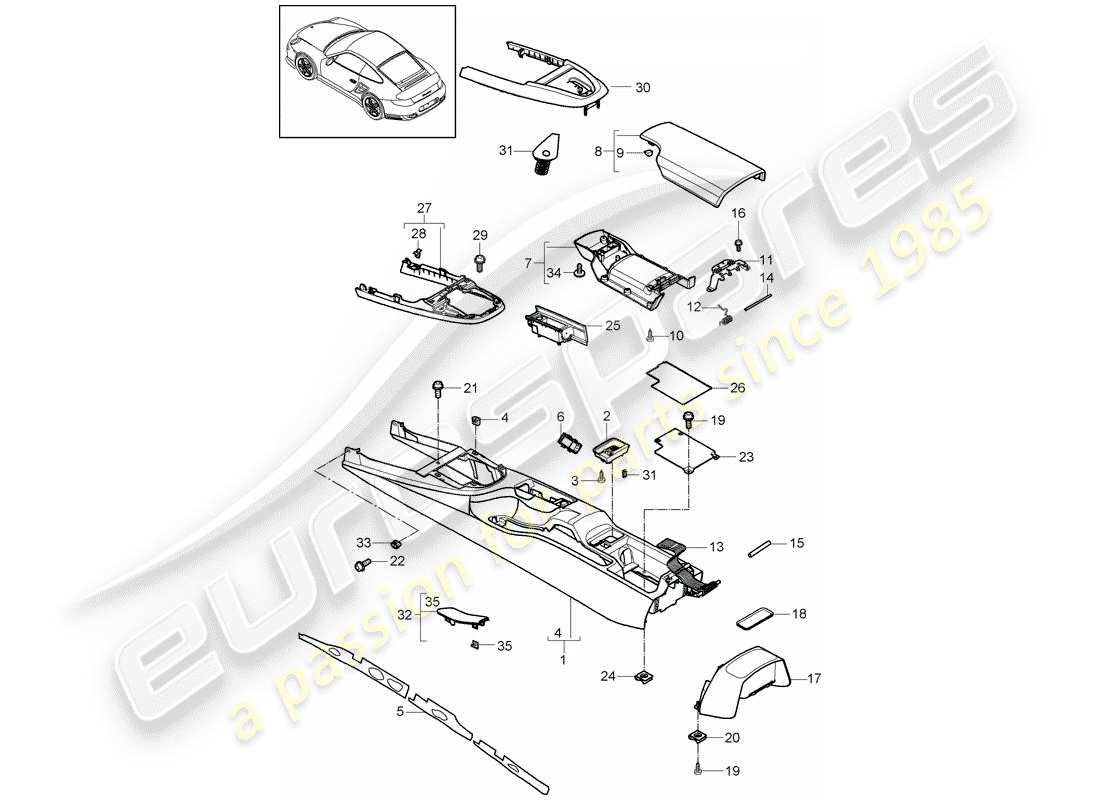 porsche 2011 (997-2 turbo / gt2 rs) center console part diagram