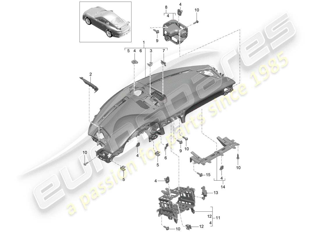 porsche 991r/gt3/rs (2014) dash panel trim parts diagram
