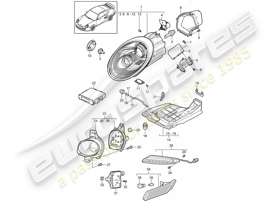 porsche 911 t/gt2rs (2012) headlamp part diagram
