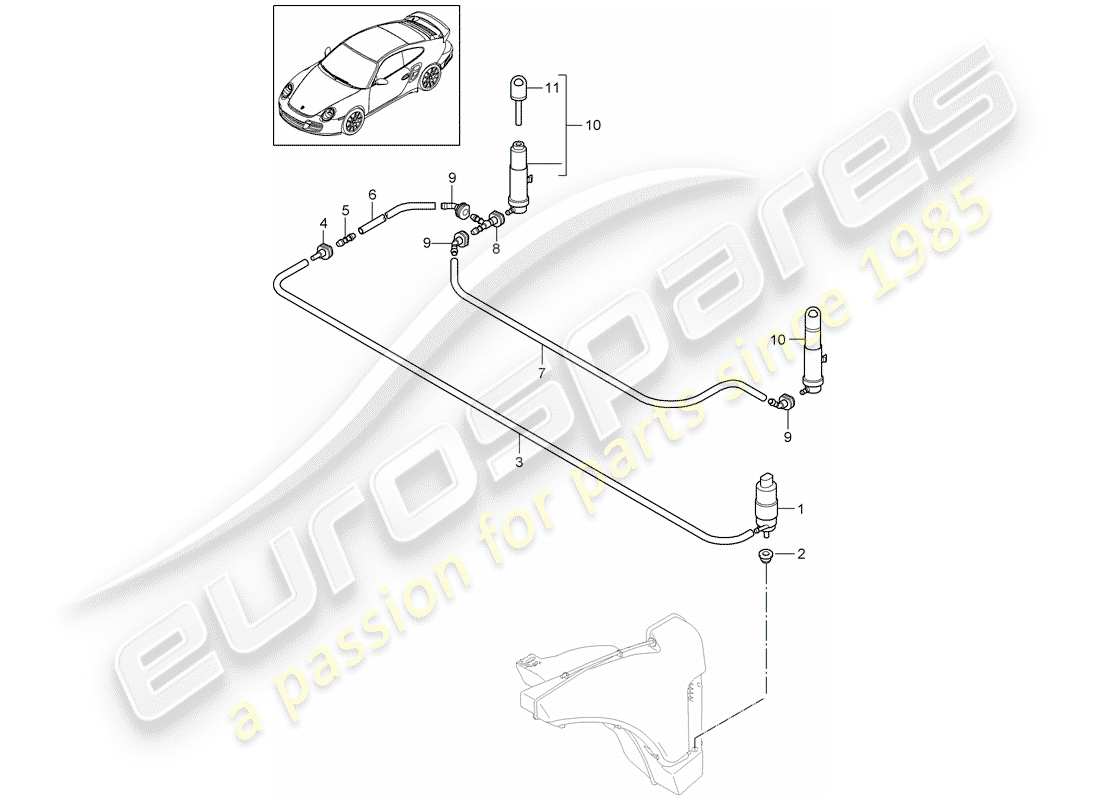 porsche 911 t/gt2rs (2011) headlight washer system part diagram