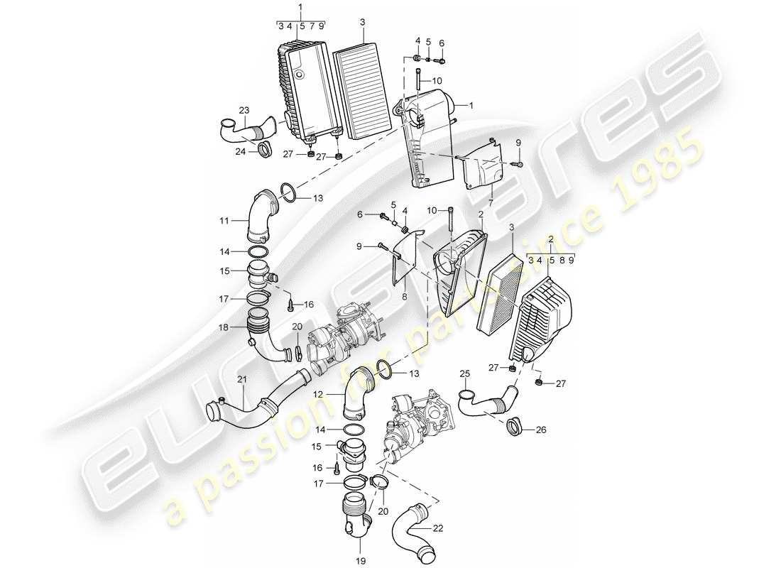 porsche cayenne (2003) air cleaner with connecting part diagram