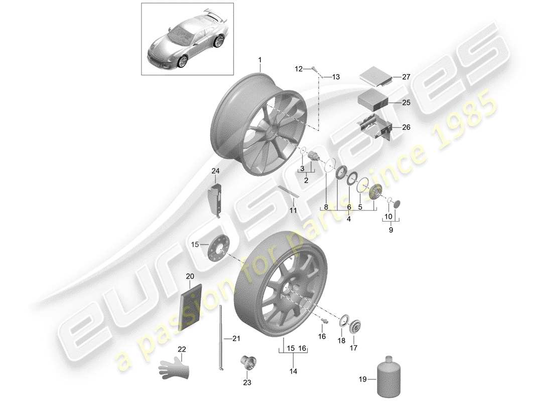 porsche 991r/gt3/rs (2018) alloy wheel part diagram