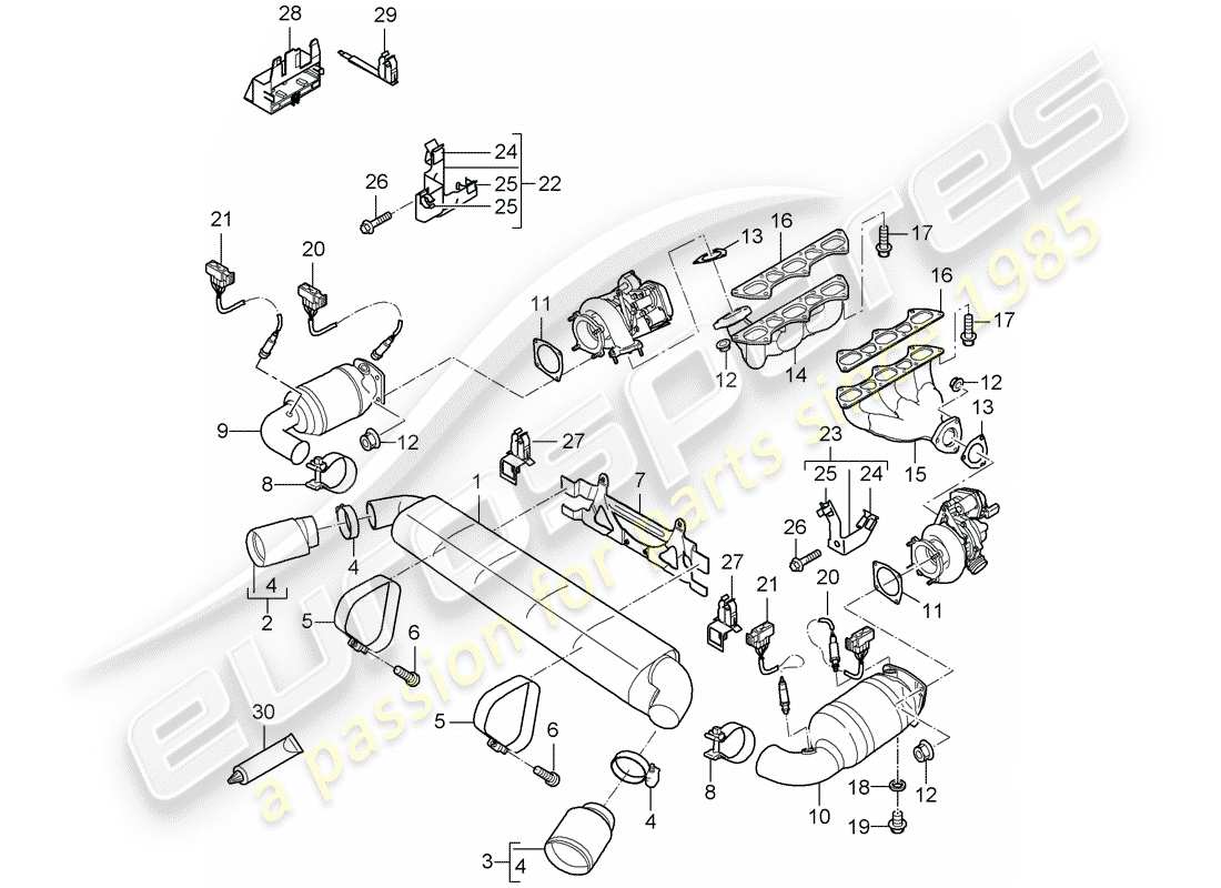 porsche 2009 997-2 turbo / gt2 exhaust system part diagram