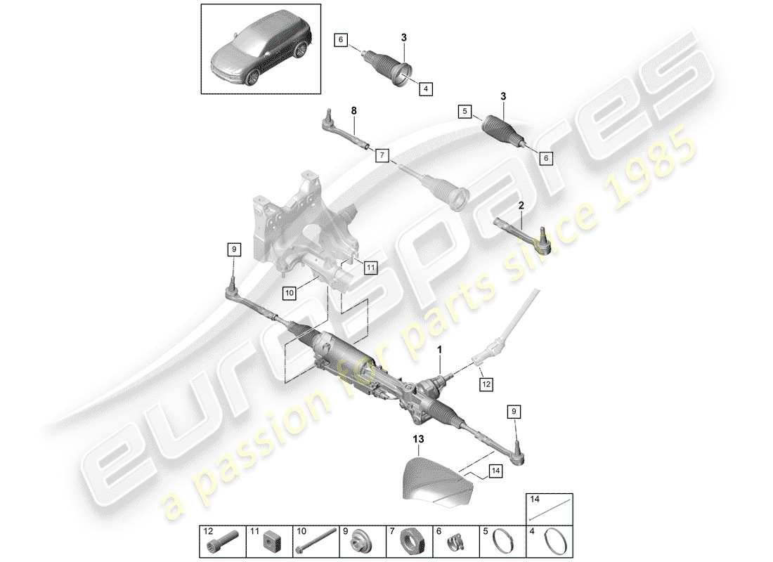 porsche 2018 (cayenne e3 9ya/9yb) steering gear part diagram