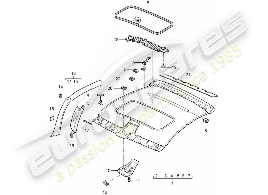 porsche 2005 (997-1) roof trim panel part diagram