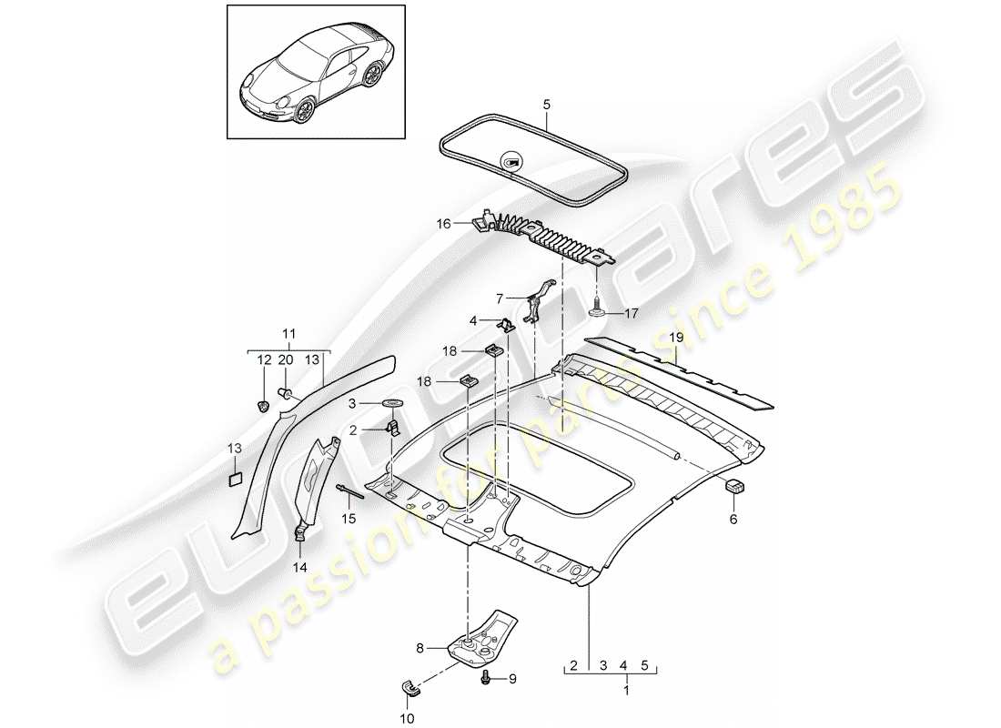 porsche 2013 (997-2 turbo / gt2 rs) roof trim panel part diagram