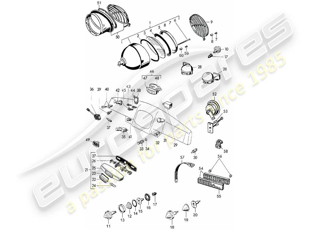 porsche 356/356a (1952) headlamp - and - switch part diagram