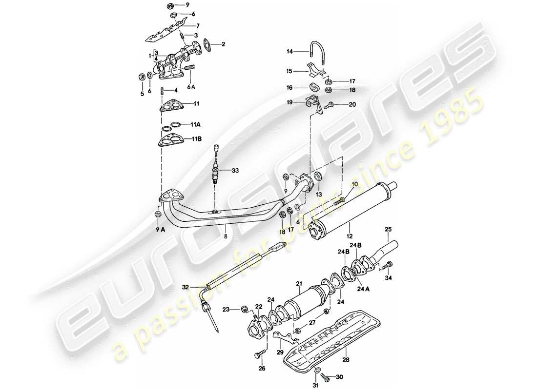porsche 1985 (924) exhaust system - exhaust silencer, front part diagram