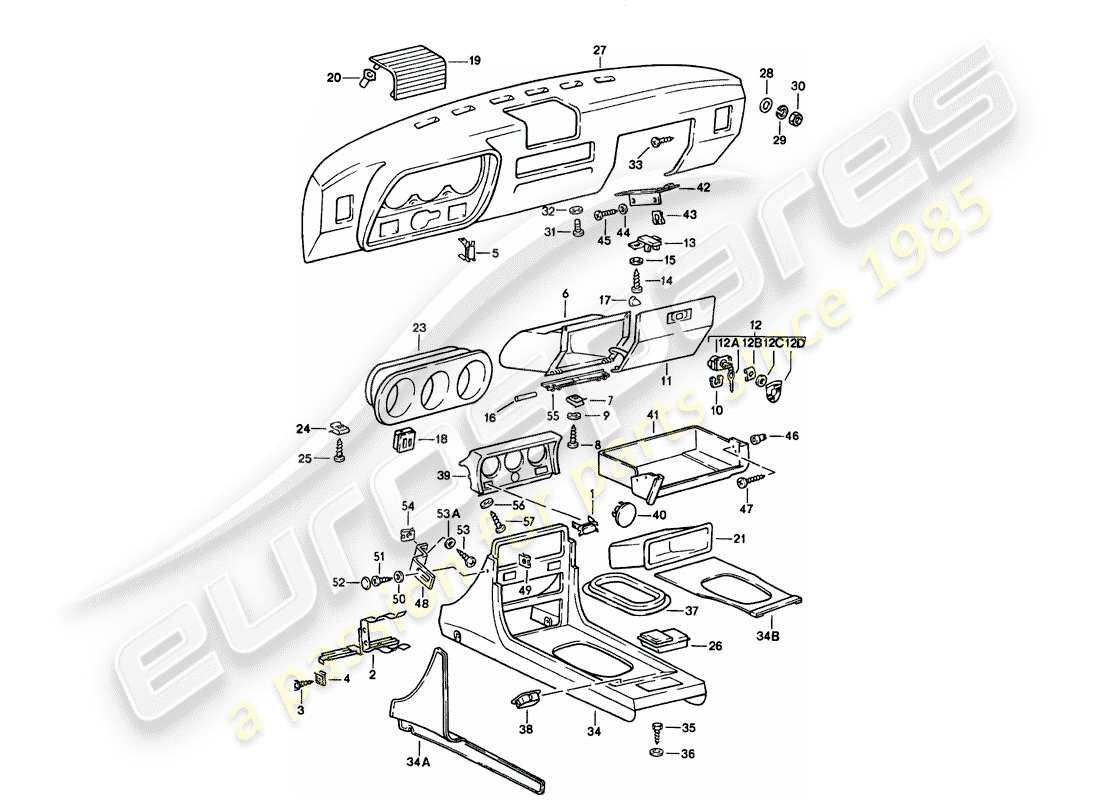 porsche 1986 (924s) dashboard - center console part diagram